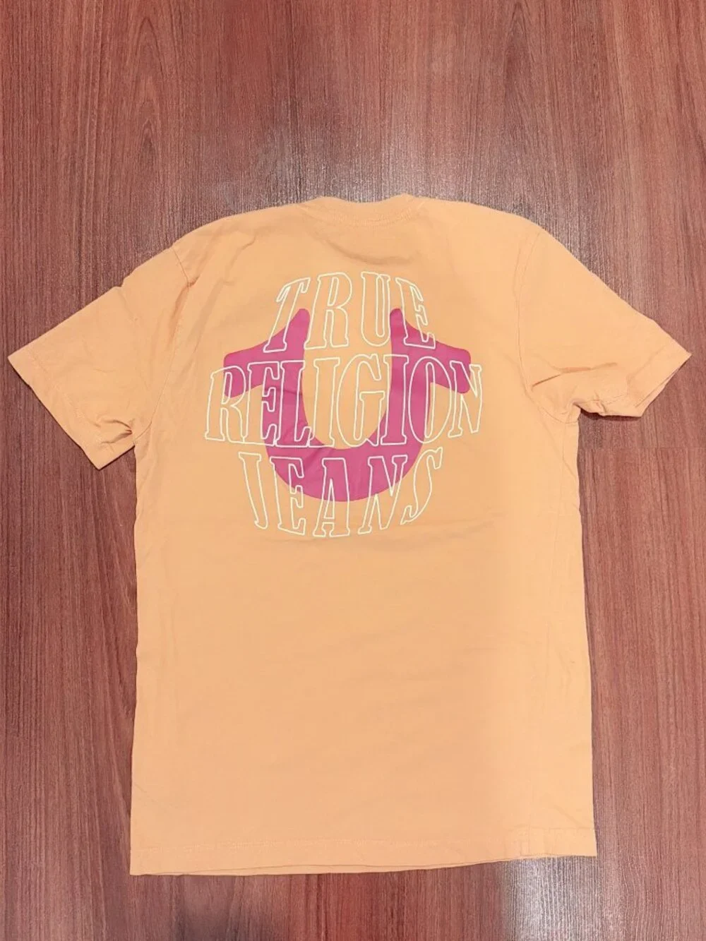 True Religion Brand Jeans T-Shirt Men’s Small Orange Peach Logo Graphic Tee